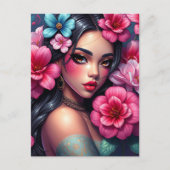 Hispanic Anime Girl mit Hübsch rosa Blume Postkarte (Vorderseite)