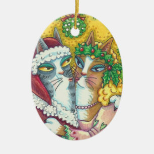 HISS N' FITZ KISSING CATS, SANTA CLAWS ORNANAMENT KERAMIK ORNAMENT