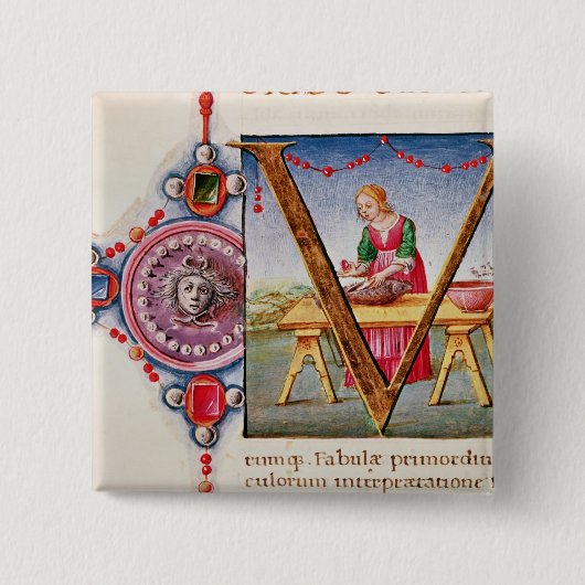 Historiated Initiale "V" darstellend Button (Vorderseite)