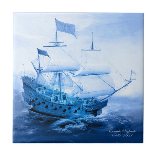 Historisch Dutch Sailboat Delft Blue Tile Fliese (Vorderseite)