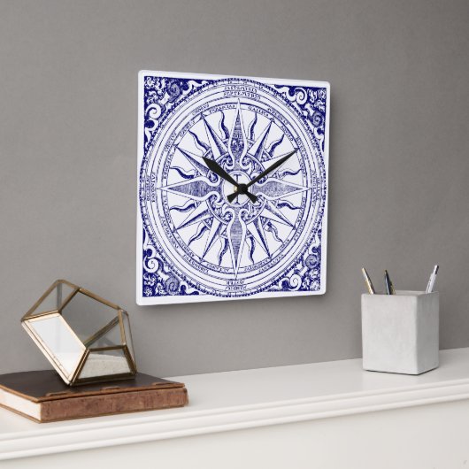 Historische Nautic Compass Blue & White Print Quadratische Wanduhr (Büro)