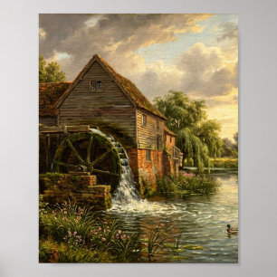 Historische Wassermühle Fluss Steinbrücke I Poster