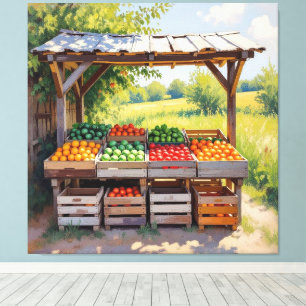 Historischer Bauernstand mit Obst und Gemüse Leinwanddruck