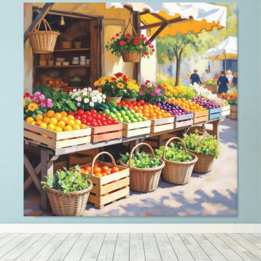 Historischer Bauernstand mit Obst und Gemüse Leinwanddruck (Insitu (Holzboden))