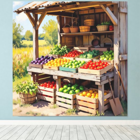 Historischer Bauernstand mit Obst und Gemüse Leinwanddruck (Insitu (Holzboden))