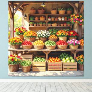 Historischer Bauernstand mit Obst und Gemüse Leinwanddruck