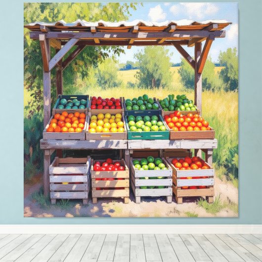 Historischer Bauernstand mit Obst und Gemüse Leinwanddruck (Insitu (Holzboden))