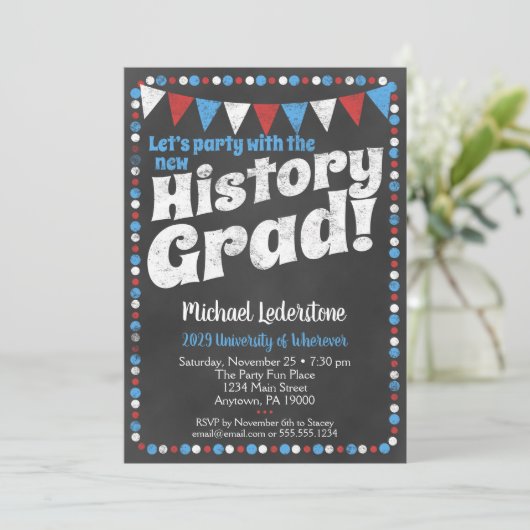 History Graduation Party Einladung Red Blue (Stehend Vorderseite)
