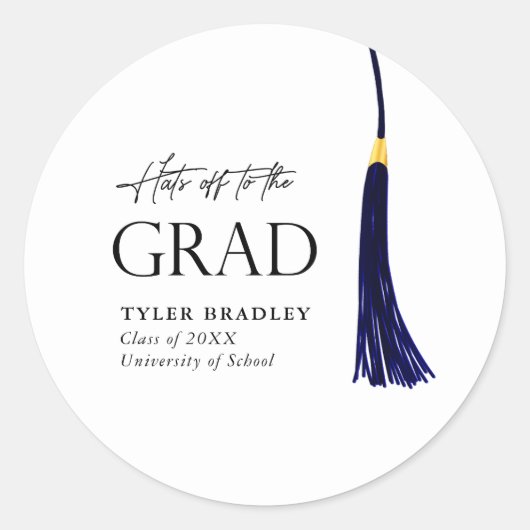 Hit Off To Grad Blue & Gold Tassel Abschluss Runder Aufkleber (Vorderseite)