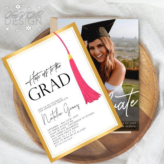 Hit off to Grad Pink Gold Tassel Abschluss Foto Einladung