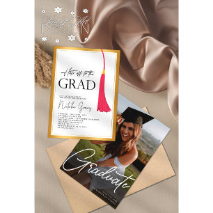 Hit off to Grad Pink Gold Tassel Abschluss Foto Einladung