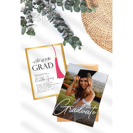 Hit off to Grad Pink Gold Tassel Abschluss Foto Einladung