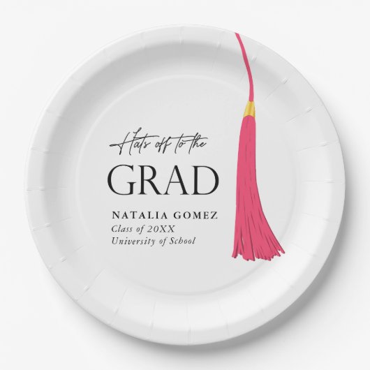 Hit Off to Grad Pink & Gold Tassel Abschluss Pappteller (Vorderseite)