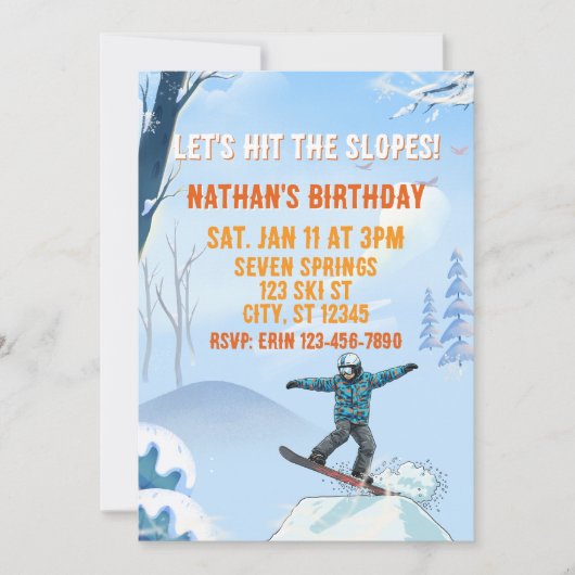 Hit the Slopes, Snowboard Boy Birthday Einladung (Vorderseite)