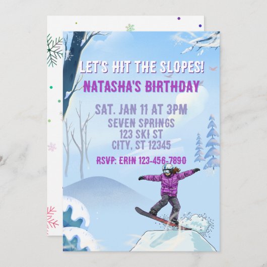 Hit the Slopes, Snowboard Girl Birthday Einladung (Vorne/Hinten)