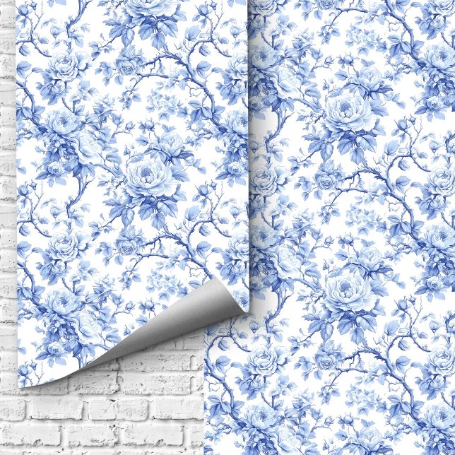 Hit Traditional Blue Toile Roses Floral Wallpaper Tapete (Traditional Blue Toile Roses Floral Wallpaper Design)