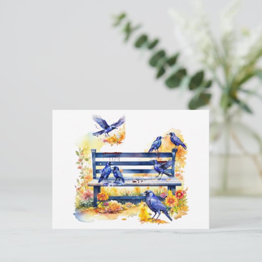 Hitchcock Day Crows on Bench Postkarte (Stehend Vorderseite)