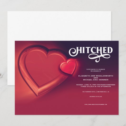Hitched, Two Hearts Red Wedding Einladung (Vorne/Hinten)