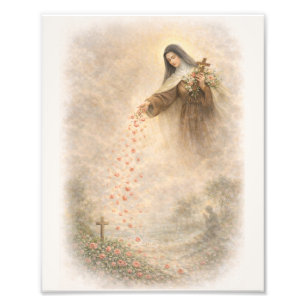 Hl. Thérèse mit herabregnenden Rosen Andachtsbild  Fotodruck