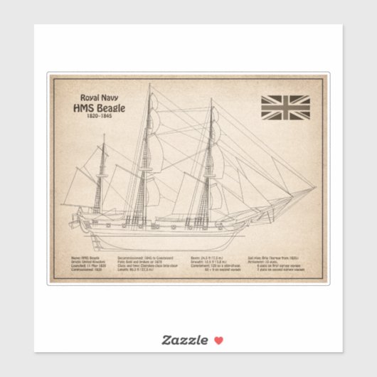 HMS Beagle Tall Ship Blueprint SD Aufkleber (Blatt)