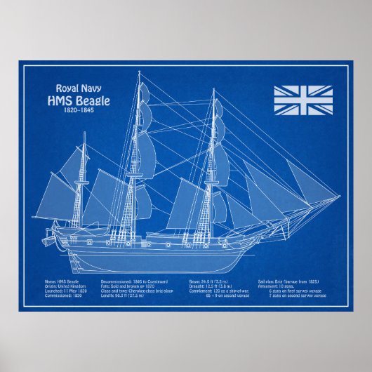 HMS Beagle Tall Ship - Schiffskopfdruck ABD Poster (Vorne)