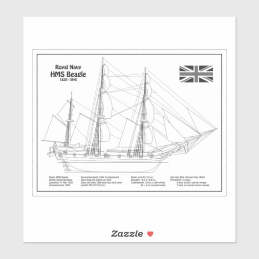 HMS Beagle Tall Ship - Schiffskopfdruck BD Aufkleber (Blatt)