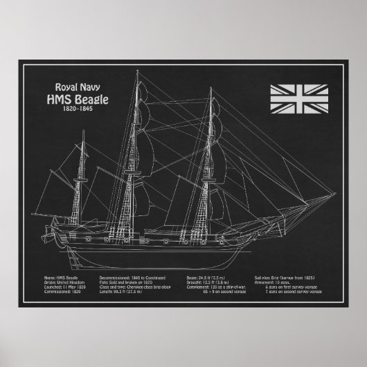 HMS Beagle Tall Ship - Schiffskopfdruck PBD Poster (Vorne)
