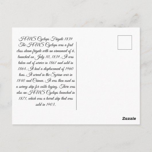 HMS Cyclops Frigate 1839 Postkarte (Rückseite)