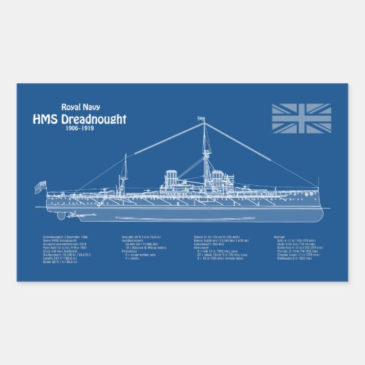 HMS Dreadnought - Ship Blueprint ABD Rechteckiger Aufkleber (Vorderseite)