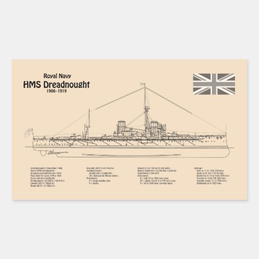 HMS Dreadnought - Ship Blueprint SD Rechteckiger Aufkleber (Vorderseite)