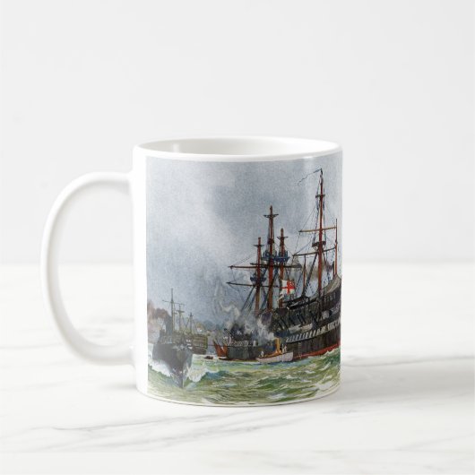 HMS Unversöhnlich ein Schiff mit 74 Kanonen und dr Kaffeetasse (Links)