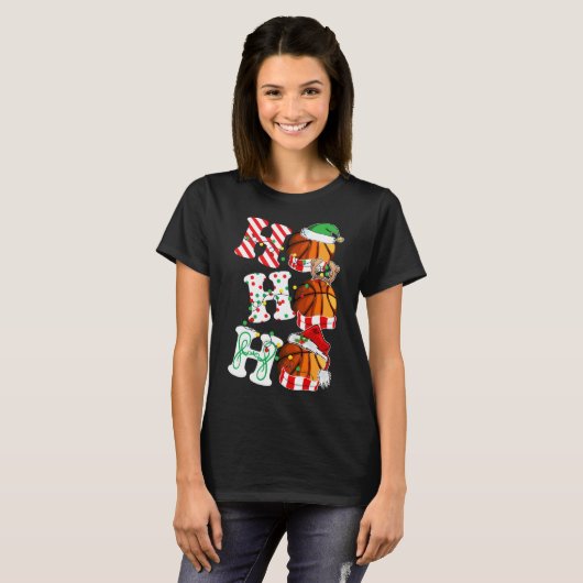 Ho Ho Bysketbyll Lights Weihnachtsmannmütze Reinde T-Shirt (Vorne ganz)