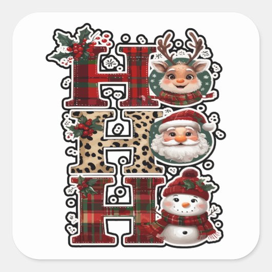 Ho Ho Ho Characters Festive Lettering Quadratischer Aufkleber (Vorderseite)