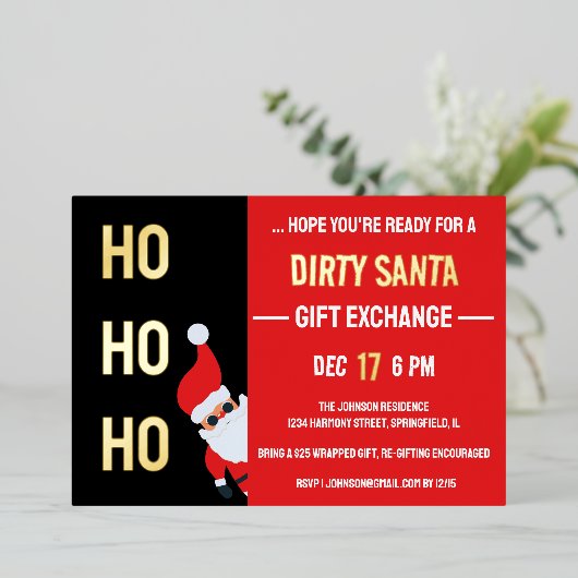 HO HO HO Dirty Weihnachten Party Schwarz und Rot Folieneinladung (Stehend vorne)