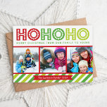 Ho Ho Ho Foto Collage Modern Holiday Card Feiertagskarte<br><div class="desc">Niedliches, modernes Weihnachtsfotografiedesign mit einer Foto-Collage mit Platz für 3 Ihrer Fotos und farbenfroher, lustiger, skurriler Typografie, die Ho Ho Ho Frory Christmas von unserer Familie zu Eurer mit einer fett gestreiften Grenze unten liest. Personalisieren Sie das Design mit dem Namen Ihrer Familie und dem Jahr. Gutes Koordinieren der soliden...</div>