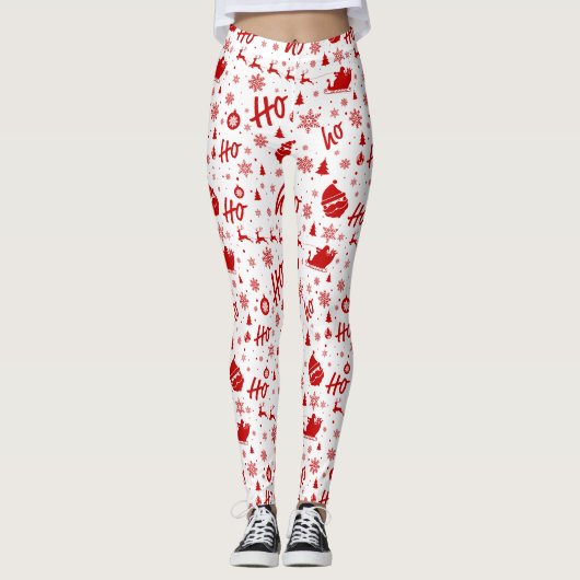 Ho Ho Ho Ho White & Red Christmas Pattern Long Leggings (Vorderseite)