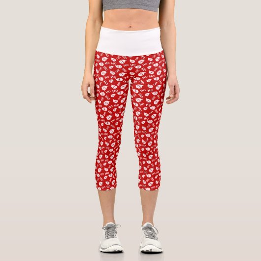 Ho Ho Ho Ho White & Red Santa Face Pattern Capri Leggings (Vorderseite)