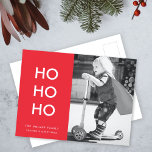 Ho Ho Ho | Red Xmas Photo Fun Modern Minimalist Feiertagspostkarte<br><div class="desc">Simple, stylish "Ho Ho Ho" photo holiday postcard in bright red with a modern minimalist typography in white which can be easily personalized with your own greeting, family name & year for a trendy festive season! The card shows an example image an adorable happy little boy riding a scooter playing...</div>