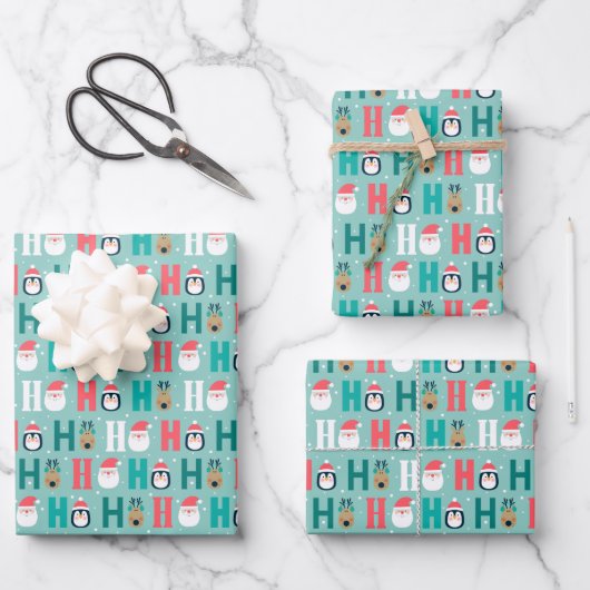 Ho Ho Ho Santa Claus & Friends Pattern Geschenkpapier Set (Vorderseite)
