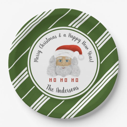 HO HO HO Santa Claus Green Lines Frohe Weihnachten Pappteller (Vorderseite)