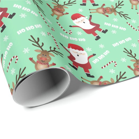 Ho Ho Ho Santa Claus Reindeer Candy Canes Pattern Geschenkpapier (Rolleneckpunkt)