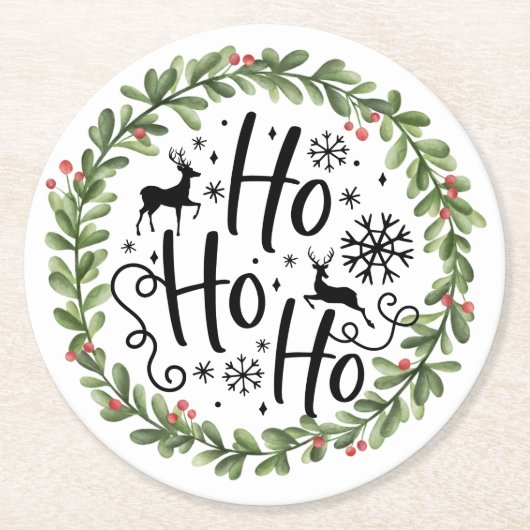 Ho Ho Ho Watercolor Wreath Runder Pappuntersetzer (Vorderseite)