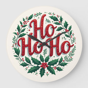Ho Ho Ho Weihnachtskranz-Typografie-Design Große Wanduhr