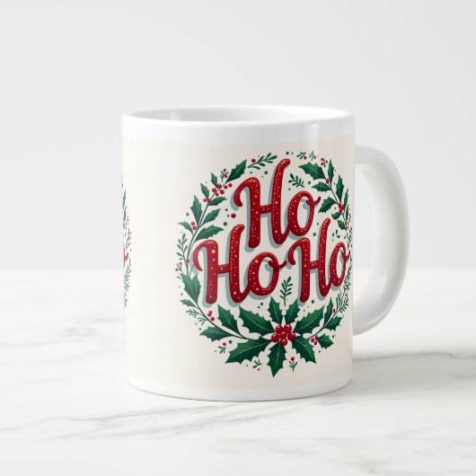 Ho Ho Ho Weihnachtskranz-Typografie-Design Jumbo-Tasse (Vorderseite Rechts)