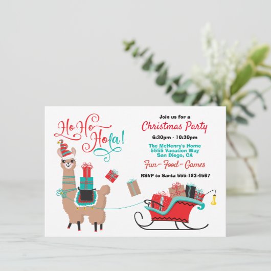 Ho Ho Hola Llama Weihnachts-Party Einladung (Stehend Vorderseite)