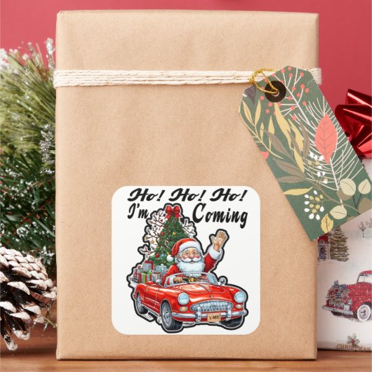 Ho Ho Santa fährt rotes Oldtimer-Auto Quadratischer Aufkleber (Feiertag)