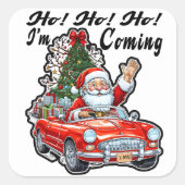 Ho Ho Santa fährt rotes Oldtimer-Auto Quadratischer Aufkleber (Vorderseite)