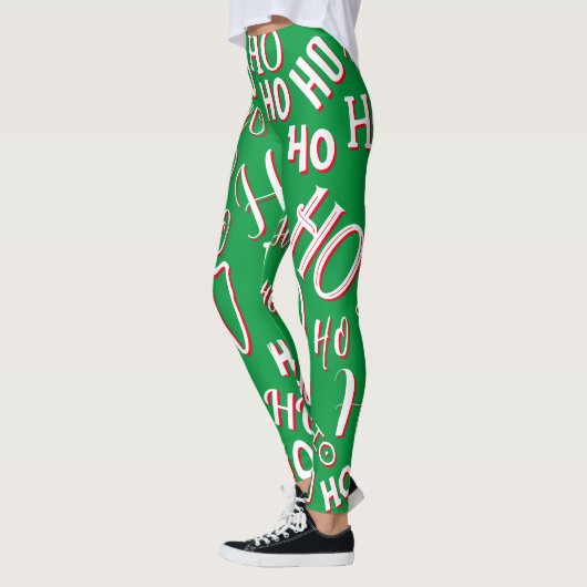 HO HO Weihnachts-Textmuster weiß grün rot Leggings (Links)