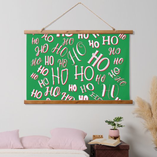 HO HO Weihnachts-Textmuster weiß grün rot Wandteppich Mit Holzrahmen (Schlafzimmer)