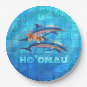 HO’OMAU Hawaiian Dolphins Primitive Collage Pappteller